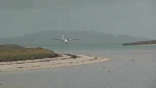 Landing in Barra on the beach  two missed approaches  FlyBe de Havilland Canada DHC6 Twin Otter [upl. by Aerdnwahs]