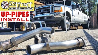 2001 F350 73  RiffRaff UpPipes Install  Stock up pipes leaking and falling apart JUNK SP [upl. by Neesay428]